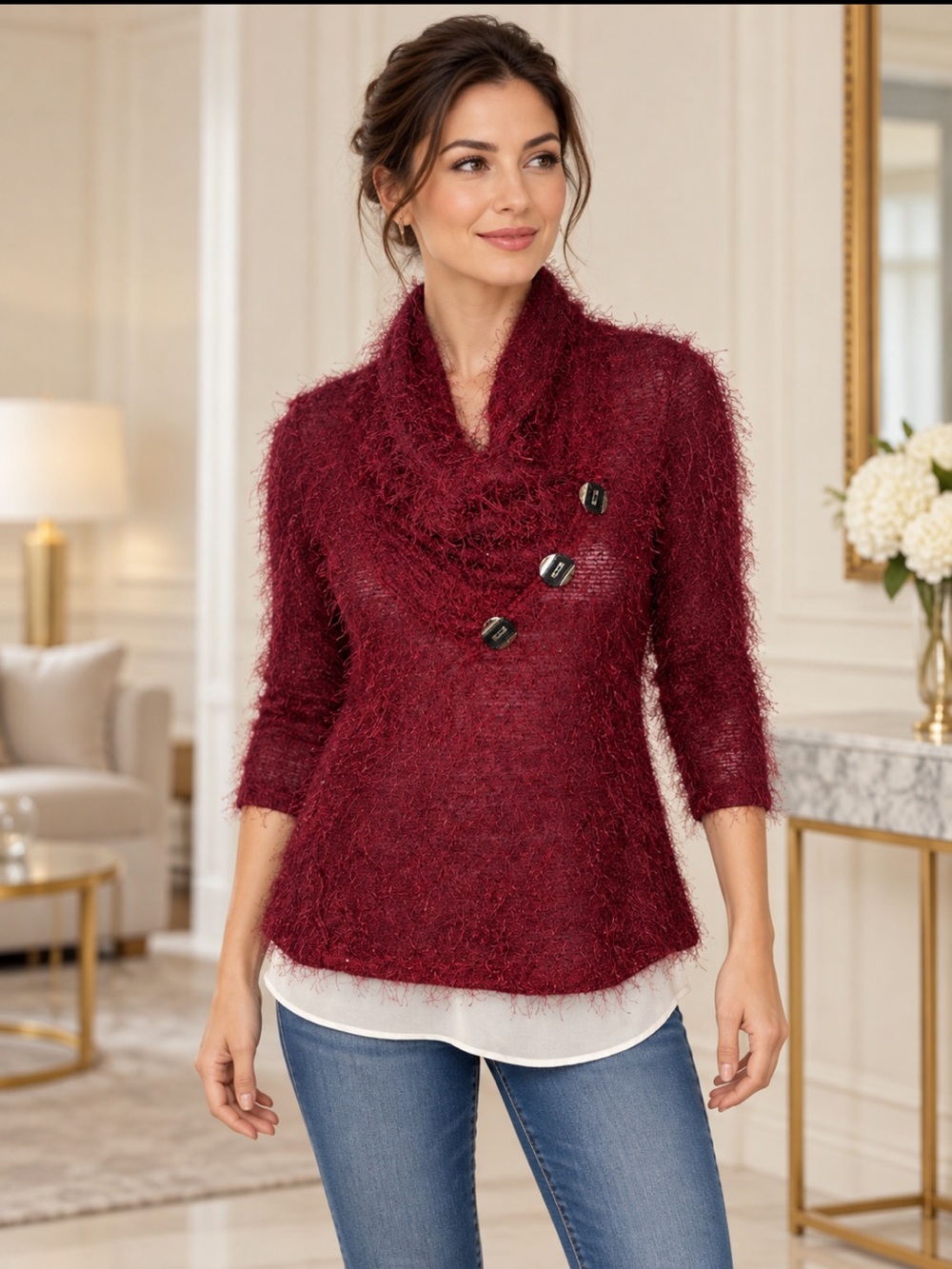 Beautiful Cozy Burgundy Fuzzy Cowl-Neck Sweater with Asymmetric Buttons❤️S